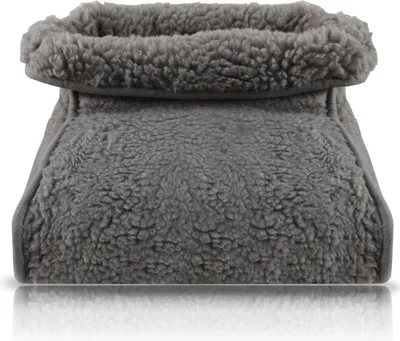 A close-up, front-facing view of a gray, fluffy foot warmer.