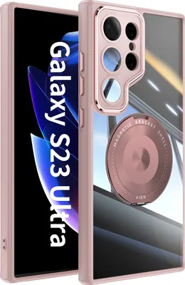 Produktbild von Handyhülle für Samsung Galaxy S23 Ultra Transparent Militärschutz mit Magnetring Ständer und Kameraabdeckung Pink