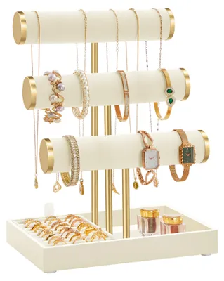 Produktbild von SONGMICS Schmuckhalter, Schmuckständer, 3 Armbandhalter, Schmuck-Organizer, mit Tablett aus Samt, mit Ringhalter, weiß-gold