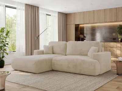 Produktbild von MKS MEBLE Ecksofa OVO mit Schlaffunktion und Bettkasten, Creme Plüsch, L-form Couch, 4-Sitzer Ecksofa, 271x195x95 cm - Links Seite