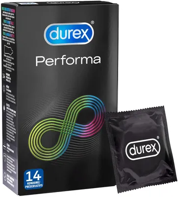 Immagine prodotto di Preservativi Durex Performa - preservativi trasparenti e lubrificati con gel di benzocaina al 5%, odore gradevole - perfetta aderenza e facile srotolamento - confezione da 14 (1 x 14)