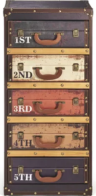 A tall, narrow chest of drawers designed to look like stacked vintage suitcases.