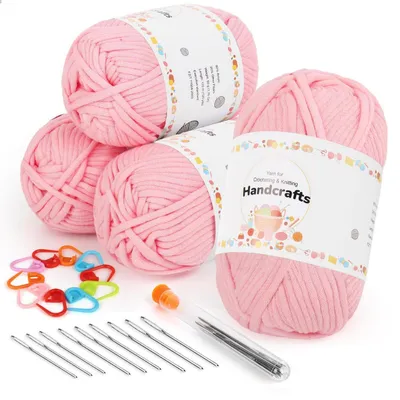 Image de Fil à tricoter épais en coton, 4 pelotes de 50g, couleur rose. Fil de coton-nylon avec accessoires