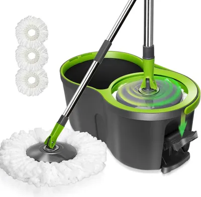 Produktbild von Wischmopp Set mit Eimer und 3 Mikrofaser-Pads für Laminat – Verstellbarer Edelstahlstiel, 360° drehbarer Moppkopf