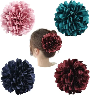 Imagen del producto de Pinzas para el cabello de plástico con flores de satén, juego de 4 unidades, en varios colores, para el cabello