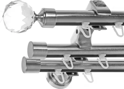 Produktbild von Innenlauf Edelstahl Look Gardinenstange 20mm Wandträger 3-läufig mit Kristall Kugel H60 E87E30 II+ 1x B20I