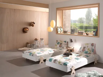 Produktbild von Vipack Modulo Art. Set best. aus 2 Einzelbetten/Stapelbetten je 90 x 200 cm Liegefläche, weiß lackiert, Fuß Smileystern-Optik Kiefer natur lackiert