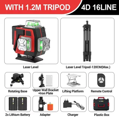 Obrázok produktu pre Laserová vodováha – 4D, 16 lúčov – Automatická nivelácia – 360° horizontálne a vertikálne – Zelený laserový lúč – Diaľkové ovládanie – S statívom
