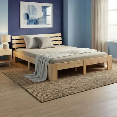 Produktbild von Homestyle4u Holzbett Doppelbett 140x200 mit Matratze und Lattenrost Bett Natur Holz Kiefer Bettgestell Futonbett