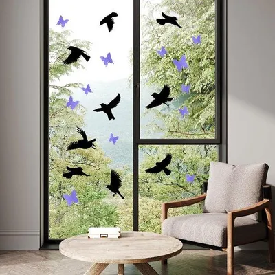 Produktbild von Vogelstickers für Fenster, PVC-Vogelbeschutzsätze, 4 Stück (schwarz) + 12 farbige PVC-Schmetterlinge