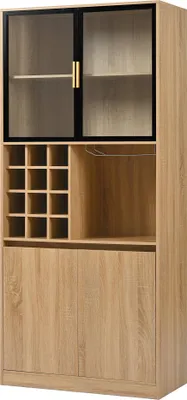 Produktbild von Merax Glasvitrine mit 4 Türen, Wein, Weinregal, Badezimmerschrank mit LED, Hochschrank, Stehend Vitrinenschrank für Wohnzimmer, 80x40x180cm, Natur