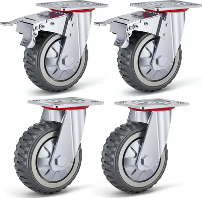 Image de Lot de 4 roulettes pour meubles - Roulettes pivotantes pour charges lourdes - Roues en caoutchouc - 600 kg par roue - Rotation à 360° avec double frein - Argent