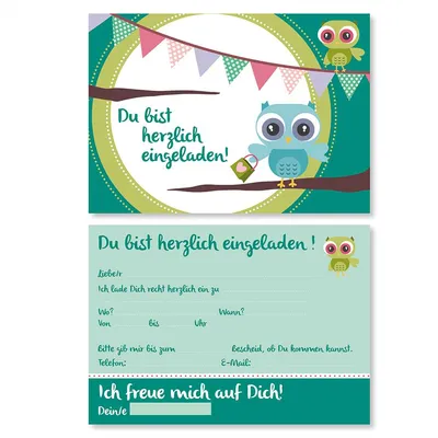 Produktbild von 15 Einladungskarten mit Eulen-Motiv I dv_013 I DIN A6 I Einladung Set Kinder-Geburtstag zur Taufe Einschulung zum Ausfüllen für Kinder Jungen Mädchen