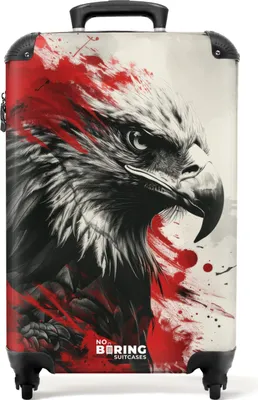 Produktbild von NoBoringSuitcases.com Hartschalen Handgepäck Koffer 55x35x20 cm, 36L, Verschiedene Drucke für Männer: Schwarzer und weißer Adler mit roter Farbe, Reisekoffer mit 4 Rollen