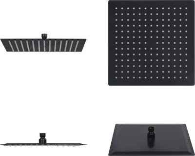 Four views of a square black showerhead against a white background.