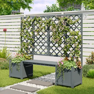 Produktbild von MODFU Pflanzkübel，Blumenkübel mit Spalier als Rankhilfe，Holz Pflanzgefäß ，Blumenkasten，Pflanzkübel mit Spalier und Sitz für Garten Hof Terrasse ，Grau