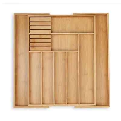 Produktbild von Relaxdays Besteckkasten, ausziehbar, 7-9 Fächer, HxBxT: 5,5x45x44,5 cm, Schubladeneinsatz, 2 Messerblöcke, Bambus, natur