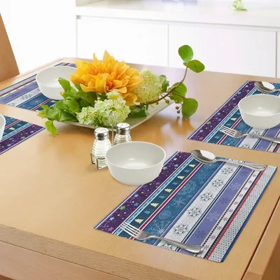 Produktbild von ABAKUHAUS Gestreift Platzmatten, Horizontale Mischweihnachtselement-Design mit Punkt-Schneeflocken-Stern-Retro- Bild, Tiscjdeco aus Farbfesten Stoff für das Esszimmer und Küch, Mehrfarbig