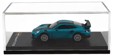 Image de Bburago Porsche 911 GT2 RS 1:64, modèle réduit bleu Miami, exposé dans une vitrine, objet de collection de qualité supérieure