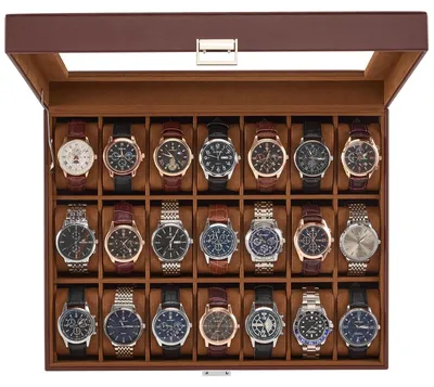 Produktbild von Uhrenbox, Uhrenaufbewahrungsbox, Uhrenetui mit Glasdeckel, Uhrenetui mit Uhrenkissen, Herren-Uhrenbox – 21 Fächer, Espresso