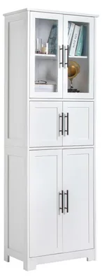 Produktbild von Zimilo Badschrank Hochschrank mit 6 Türen & Glastüren, Weißer Mehrzweckschrank aus MDF, Verstellbarer Einlegeboden & Kippschutz für Badezimmer
