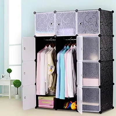 Image de Organisateur de placard DIY QEENTOE avec tringle à vêtements, idéal pour ranger des vêtements, des chaussures et des livres, 12 compartiments, couleur noire