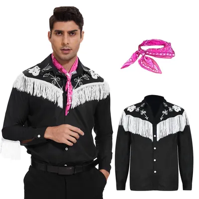 Immagine prodotto di Costume da cowboy taglia XXL, camicia da cowboy nera con sciarpa, ideale per il Carnevale