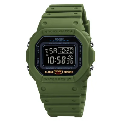 A digital sport watch is shown from a front-facing angle against a white background.