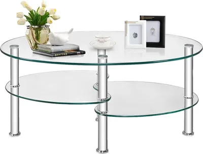 Produktbild von Glas Couchtisch Oval, Beistelltisch Glastisch Kaffeetisch mit Metallgestell, Wohnzimmertisch Wohnzimmertisch mit 3 Etagen, Hartglas, transparent