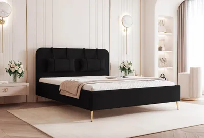 Obrázek produktu pro BESILIO Postel na zlatých nožkách 160x200 Monti II - Štíhlá postel, ozdobné vytahovací polštáře, kovové nožky, s rámem a boxem na prádlo - černá barva