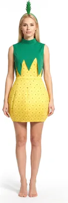 A woman is modeling a pineapple costume.