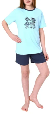 Produktbild von Mädchen Shorty Pyjama Schlafanzug kurzarm mit Pferd als Motiv - 63956 ; hellblau , 122