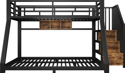 Produktbild von Merax Etagenbett 90x200 cm + 140x200 cm, Kinderbett mit LED Beleuchtung, Treppe mit Stauraum, Metallbett mit Geländer, Jugendbett, Stockbett, Schwarz