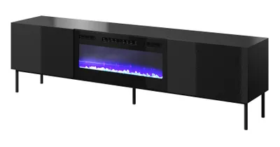 Produktbild von Fernsehschrank SLIDE 200x57x40 cm Tv-Schrank mit elektrichem Kamin Heizfunktion Lowboard 2 Klappen Metallgestell Schwarz Hochglanz/Weiß Kamin