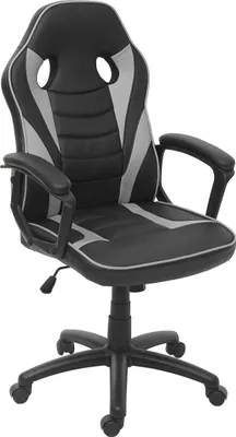 A black and gray gaming chair is shown against a white background.
