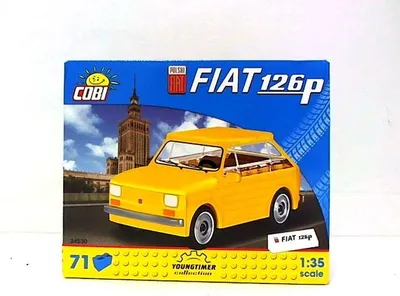 The image shows the packaging of a COBI Fiat 126p model car kit. The packaging features a picture of the yellow car against a backdrop of a city skyline.