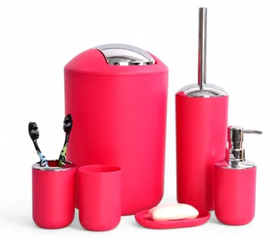 Produktbild von 6tlg Badset Badezimmer Zubehör Set Organizer: (Rot Design 2) Seifenspender, Zahnputzbecher, Kosmetikeimer, WC Bürste, Seifenschale, Mülleimer