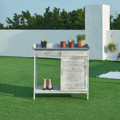 Obrázek produktu pro Sázecí stůl "Aliano" se skříňkou a pozinkovanou pracovní deskou 98 x 48 x 94 cm jedlové dřevo šedé barvy
