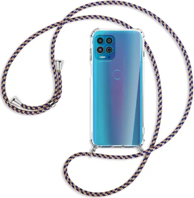 Produktbild von Handykette Backcover-Schutzhülle mit Band (Metall silberfarben) für Motorola Moto G100 - blau+beige