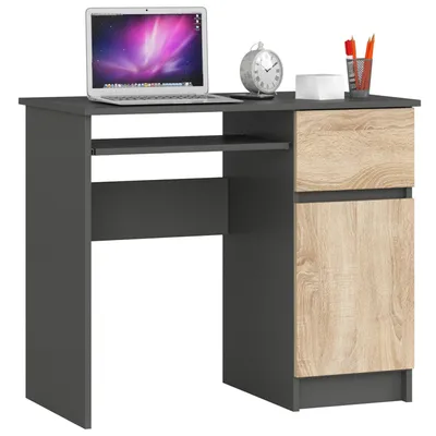Image de Bureau d'ordinateur PIKSEL 90 cm Gris Graphite/Sonoma Droit avec Plateau de Clavier Tiroir et Rangement