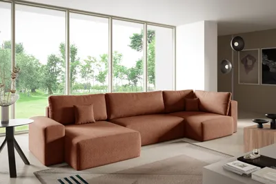 Produktbild von Ecksofas in U-Form ANTONIO CENTAUR-XL 397x148cm, Wohnlandschaft mit Schlaffunktion & Bettkästen, Eckarniutur / Couch in Bouclé-Stoff Rot/Orange