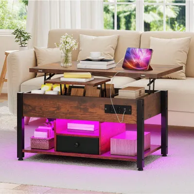Produktbild von BALCONERA Couchtische, Beistelltische, Wohnzimmertisch, Höhenverstellbar, Esstisch-umwandelbar, Stauraum, LED-Beleuchtung, braun