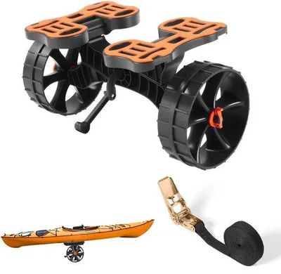 Productafbeelding van Opvouwbare kajakkar met een draagvermogen van 136,1 kg, voorzien van massieve rubberwielen van 25,4 cm en riemen, ideaal voor het transporteren van kajaks, kano's, paddleboards, luchtmatrassen en kleine boten