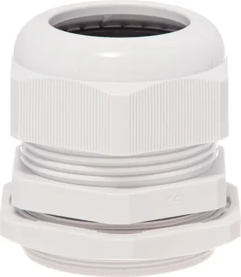 A white plastic cable gland with hexagonal nuts and threaded sections, shown in isolation against a white background.