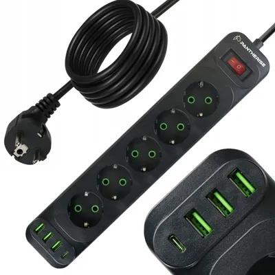 Produktbild von Pantherise Steckdosenleiste 5 Steckdosen 3x USB-A 1x USB-C Kabel 5m 250V