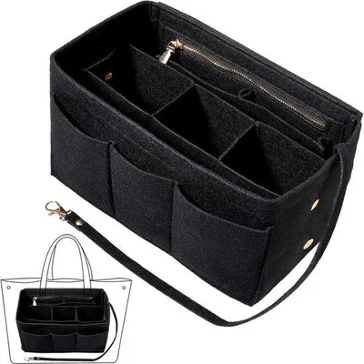 Produktbild von Famanu Organizer-Einsatz für Handtasche - Filz Handtaschen-Organizer mit mehreren Fächern und Reißverschluss (L, schwarz)