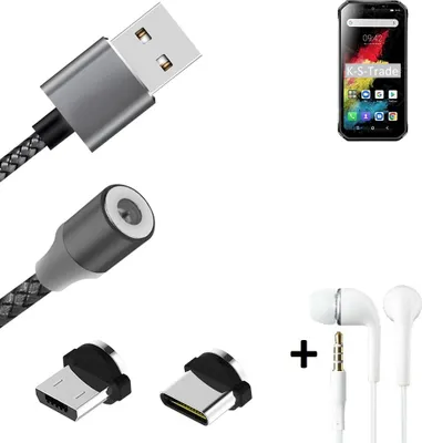Produktbild von K-S-Trade® Hochwertiges Magnet-Lade-kabel Sync-Kabel Daten-Kabel + Kopfhörer kompatibel mit Blackview BV9900 mit USB-Typ-C-Anschluss und