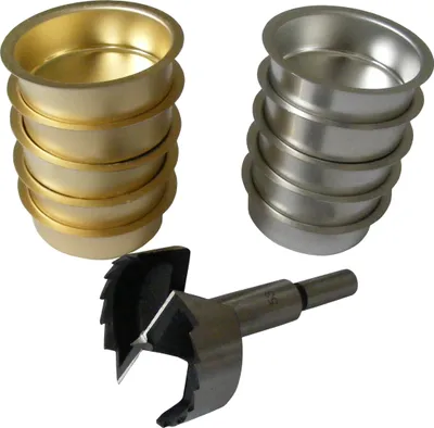 Produktbild von Tüllen für 50 mm Stumpenkerzen und ein Forstnerbohrer verzahnt 53 mm, Größen:10 Stck vermessingt