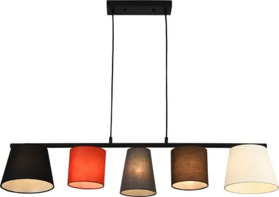 A five-light pendant lamp with different colored fabric shades.