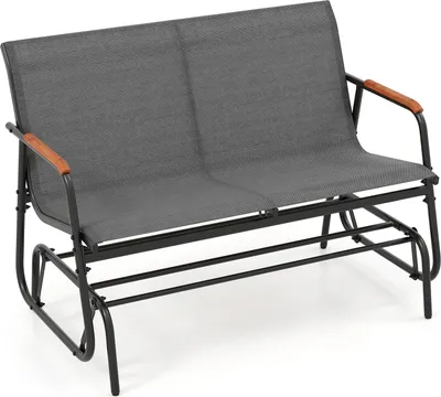 A gray two-seater garden glider bench with wooden armrests on a white background.